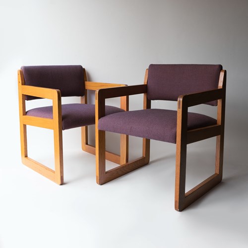 Pair Of Vintage Sculptural Upholstered Oak Cube Armchairs