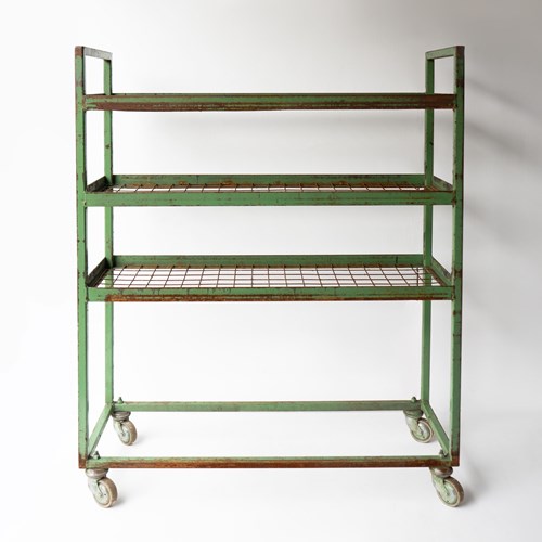 Vintage Green Metal Shoe Factory Shelving Rack Trolley