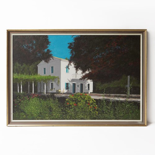 Large Realist Landscape Depicting A White Villa, Original Vintage Oil Painting