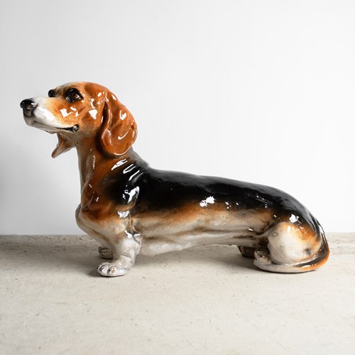 Vintage Italian Life Sized Glazed Terracotta Ceramic Dachshund Dog Sculpture