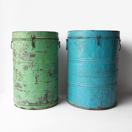 Pair Of Large Vintage Galvanised Storage Bin Containers, Indian, Early 20Th C.