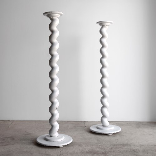 Pair Of Antique White Painted Barley Twist Torchere Stands, Early 20Th Century