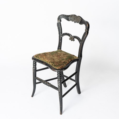 Antique Victorian Ebonised Mother Of Pearl Parlour Chair Velvet Upholstery