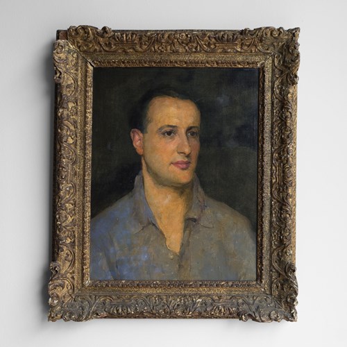 Captivating Portrait Of A Man In An Open Shirt, Original Antique Oil Painting