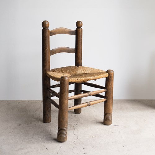 Vintage French Brutalist Oak And Rush Seat Chair By Charles Dudouyt, 1940S