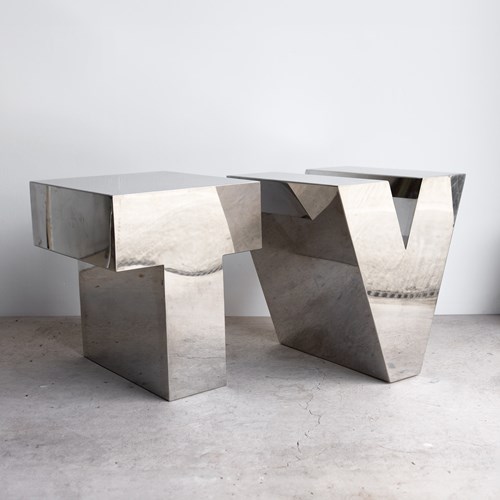 Pair Of Vintage Chrome 'TV' Letter Side Tables/Coffee Table, Mid 20Th Century
