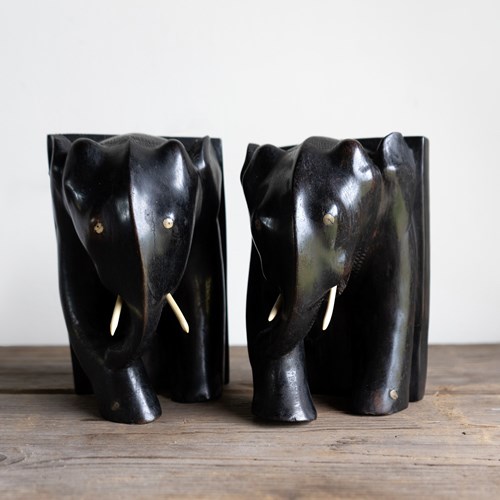 Antique Anglo-Indian Hand Carved Ebony Elephant Bookends, Early 20Th Century