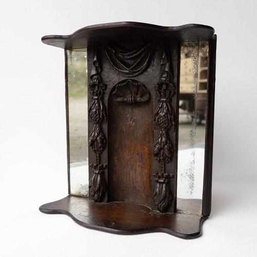 Antique Early Oak Carved Panel Niche, Wall Mounted Mirrored Shelf, 17Th Century