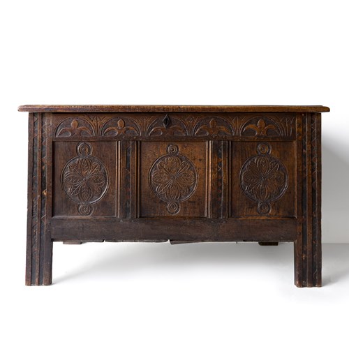 Antique Charles II West Country Carved Oak Coffer Blanket Box Chest, 1680