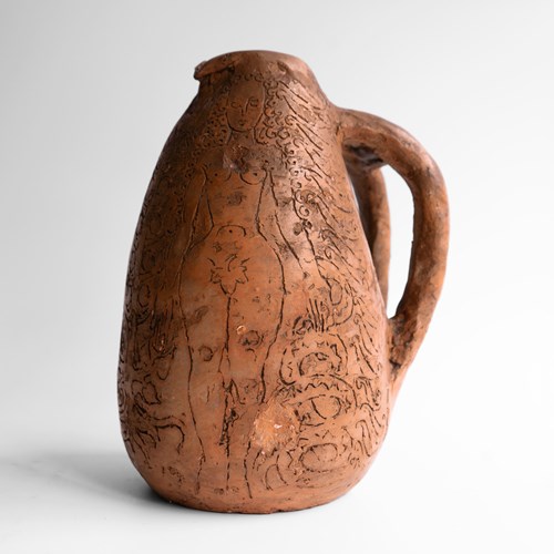 Vintage Terracotta Studio Pottery Jug, Adam And Eve Sgraffito Decoration