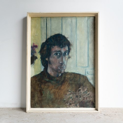 Captivating Portrait Of A Man By A Door, Vintage Original Oil Painting, 1970S