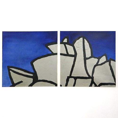 Large Abstract Architectural Diptych By Richard Sladden, Pair Of Oil Paintings