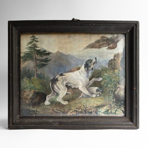Antique Georgian Rural Dog Scene, Original Gouache Painting, Early 19Th Century