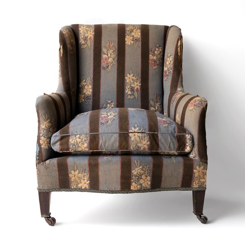 Antique Edwardian Country House Upholstered Stripe And Floral Armchair, 1905