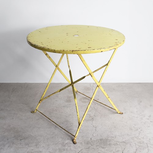 Vintage French Yellow Painted Iron Circular Bistro Table, C. 1950S