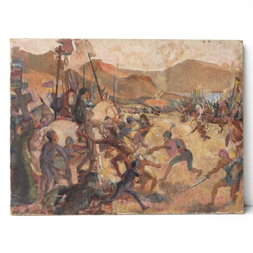 Depiction Of A Medieval Battle Scene, Antique Original Oil Painting
