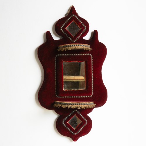 Antique Victorian Gothic Velvet Framed Wall Mirror With Shelves, 19Th Century