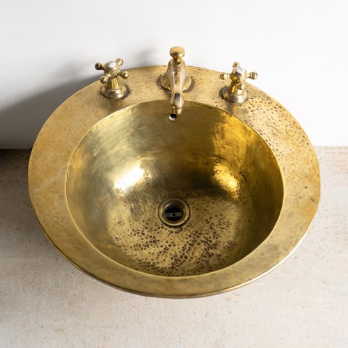 Vintage French Art Deco Hammered Brass Sink/Basin And Taps, Early-Mid 20Th C.