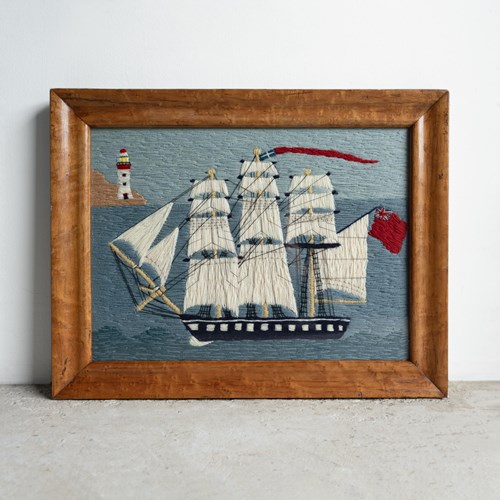 Folk Art Sailors Ship Woolwork In Maple Frame In The Manner Of Colin Millington