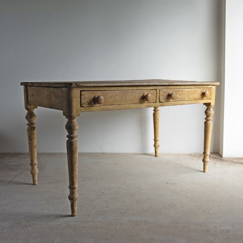 Antique English Rustic Farmhouse Painted Pine Kitchen Dining Table, 19Th Century