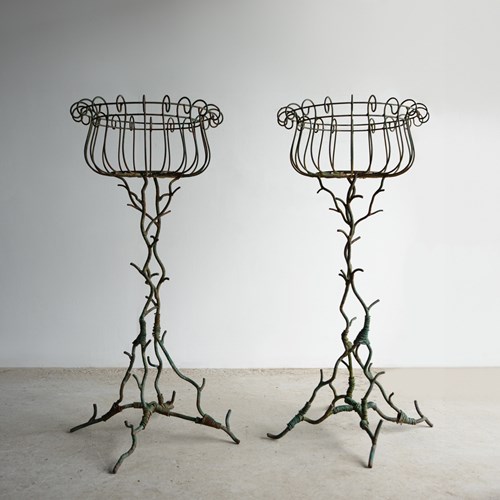 Pair Of Antique French Faux Bois Wrought Iron & Wirework Plant Stand Jardinieres