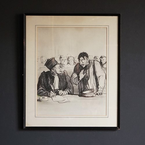 Vintage Drawing Depicting A Courtroom Scene After The Original By Honoré Daumier