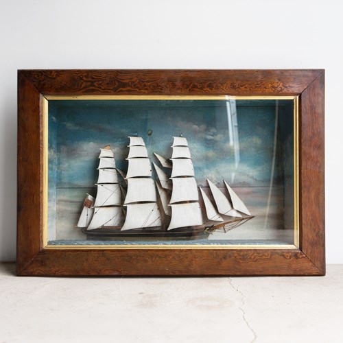 Large Antique Victorian Ship Diorama, Cased Maritime Folk Art Model, 19Th C.