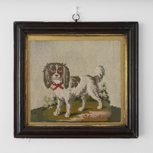 Antique Victorian Folk Art Needlepoint Embroidery Of A Spaniel, 19Th Century