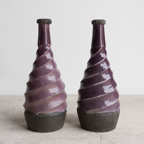 Pair Of Vintage Twisted Violet Glazed Terracotta Pottery Vases, Mid 20Th Century