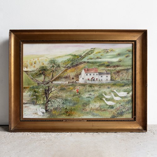 Antique Naive Folk Art Rural Landscape, Original Oil Painting Early 20Th Century
