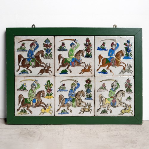Set Of Six Antique Persian Qajar Tiles Depicting Hunters On Horseback, 19Th C