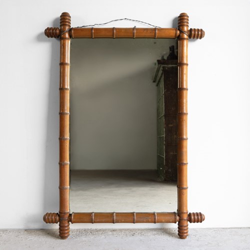 Large Antique French Faux Bamboo Wall Mirror, Early 20Th Century