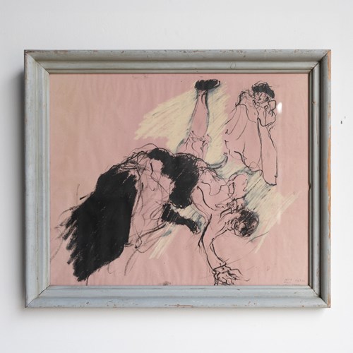 Vintage Original Pastel Drawing Depicting A Dramatic Scene By David Azuz, 1960S