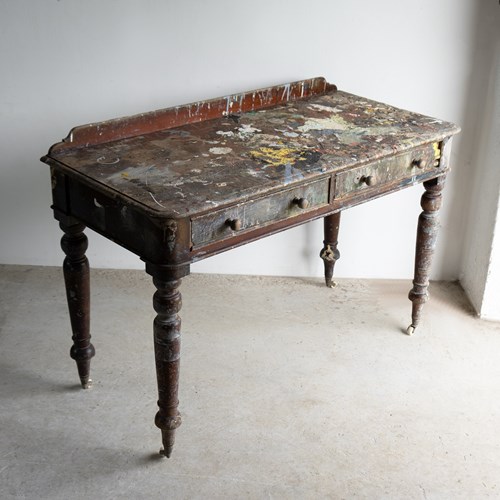 Antique Artist's Studio Paint Splattered Mahogany Writing Table Desk, 19Th C.