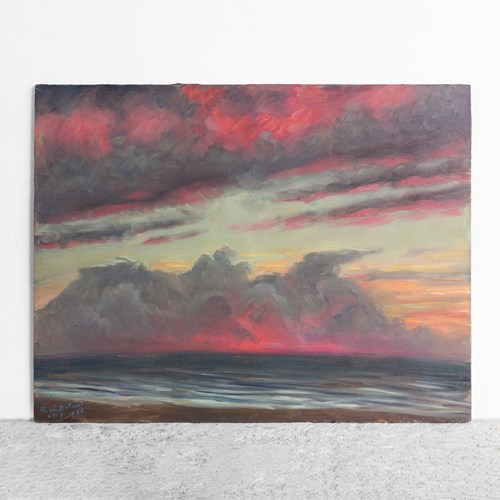French Impressionist Sunset Seascape Vintage Original Landscape Painting, 1930S
