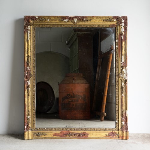 Antique French Distressed Gilt Gesso Framed Overmantel Mirror, 19Th Century
