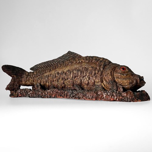 Large Antique Glazed Studio Pottery Terracotta Ceramic Fish Sculpture, C. 1900