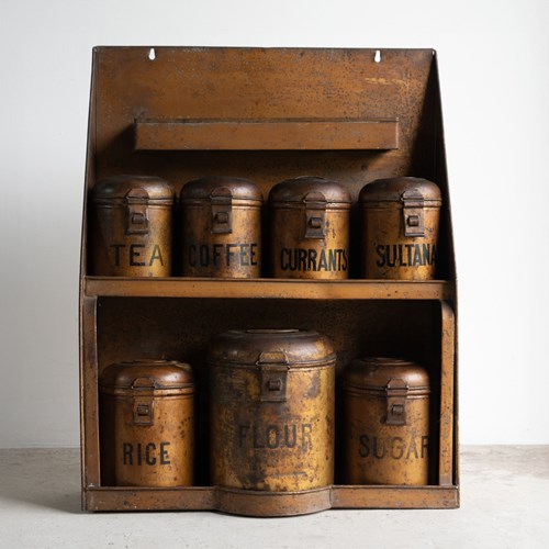 Set Of Antique Toleware Kitchen Storage Canisters On Original Shelf Early 20Th C