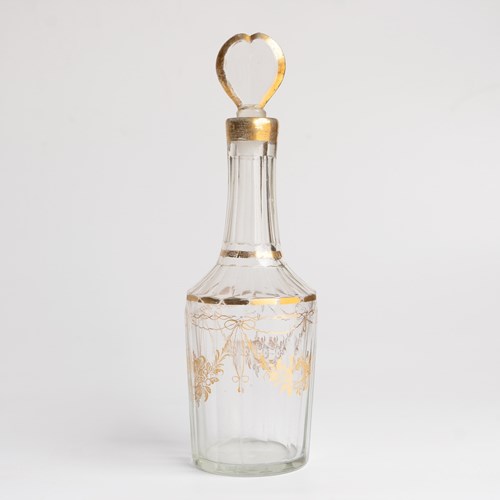 Antique French Louis XVI Gilded Crystal Decanter With Heart Stopper, 18Th C