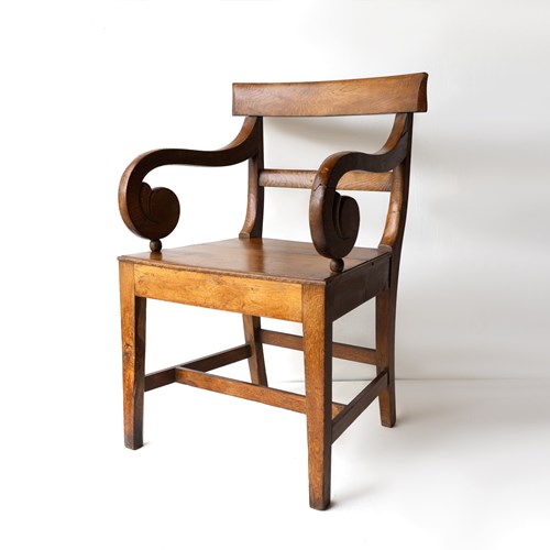Antique Regency Oak Scroll Arm Chair, Early 19Th Century Elbow Chair