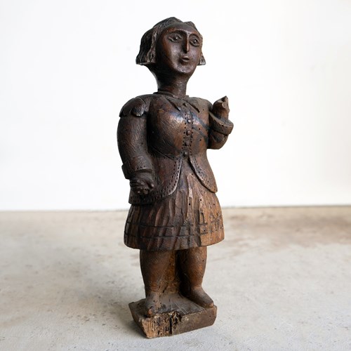 Antique French Folk Art Carved Woman Figure, Wooden Carving Sculpture, 19Th C.