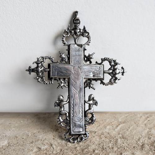 Early Antique Engraved Silver Crucifix, Reliquary Cross Box Pendant 17Th Century