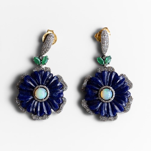 Vintage Opal, Lapis, Emerald And Diamond Drop Earrings, Mid-Late 20Th Century