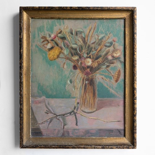 Vintage Dusky Floral Still Life, Original Oil On Board Painting, 1950S