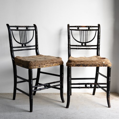 Pair Of Antique Regency Ebonised Faux Bamboo Chairs, Early 19Th Century