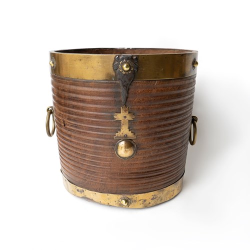 Antique South Indian Teak And Brass Rice Bucket Container, 19Th Century