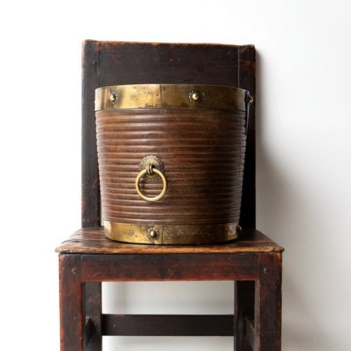 Antique South Indian Teak And Brass Rice Bucket Container, 19Th Century