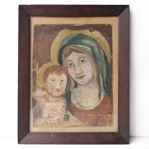 Early Antique Naive Madonna And Child, Original Portrait Painting, 18Th Century 