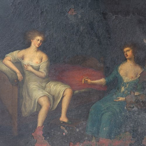 Brothel Interior Scene, Antique Original Oil On Copper Painting, Late 17Th C.