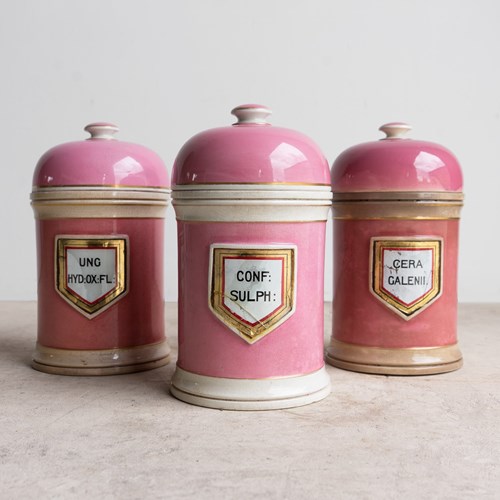 Set Of Three Large Antique Victorian Pink Ceramic Apothecary Jars, 19Th Century
